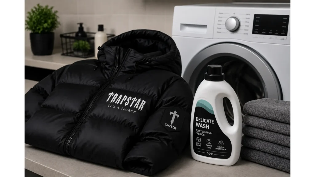 Delikatny detergent i kurtka Trapstar obok pralki