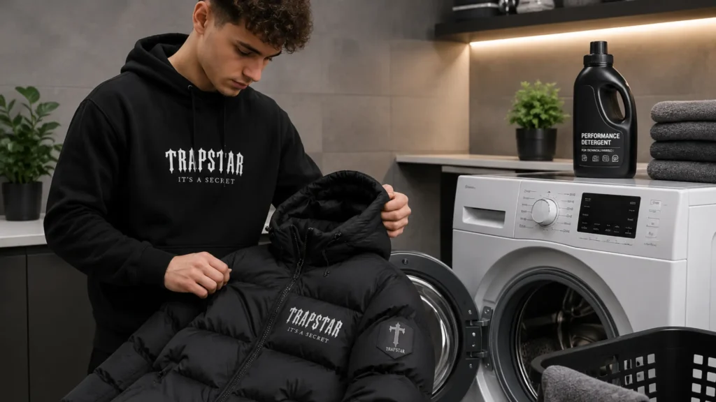 Osoba przygotowująca kurtkę Trapstar do prania w nowoczesnej pralni